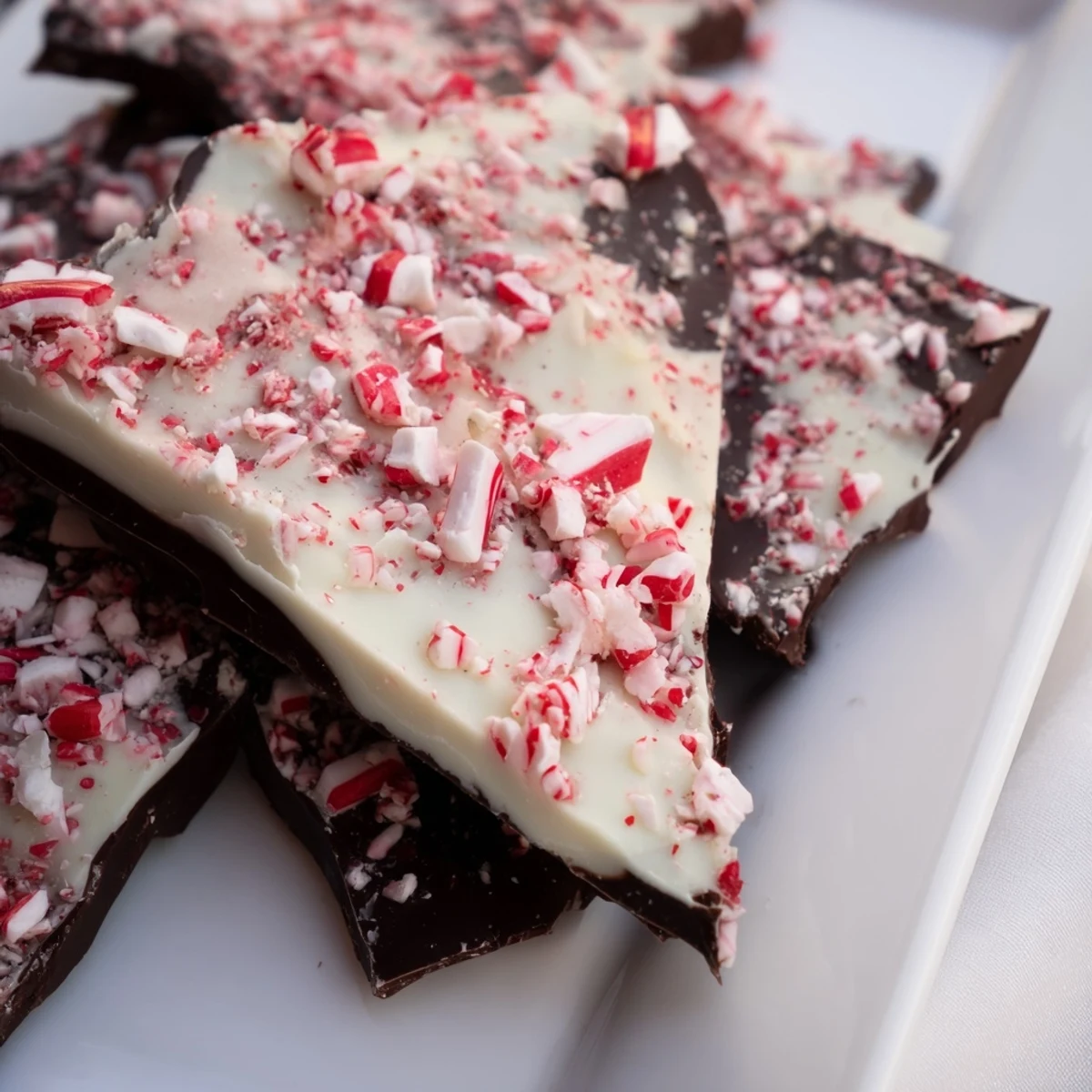 Close-up of Chocolate Peppermint Bark Shards on parchment, with a glass of milk and a festive mug for sweet snacking.