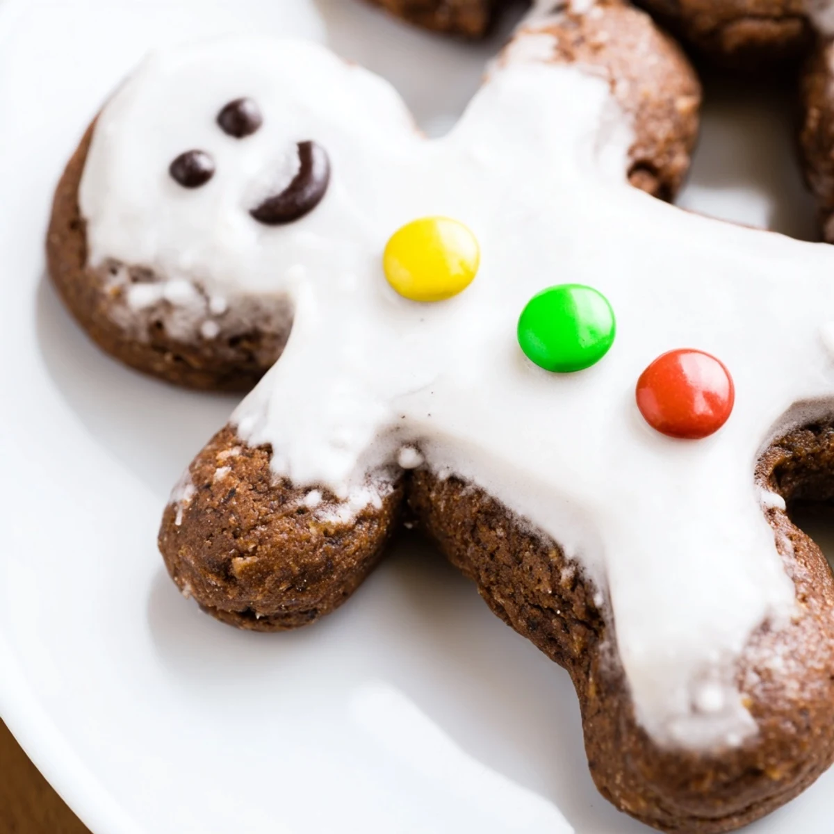 A classic Gingerbread Man with Buttons cookie showcasing white icing piping and bright candy buttons against warm spices.