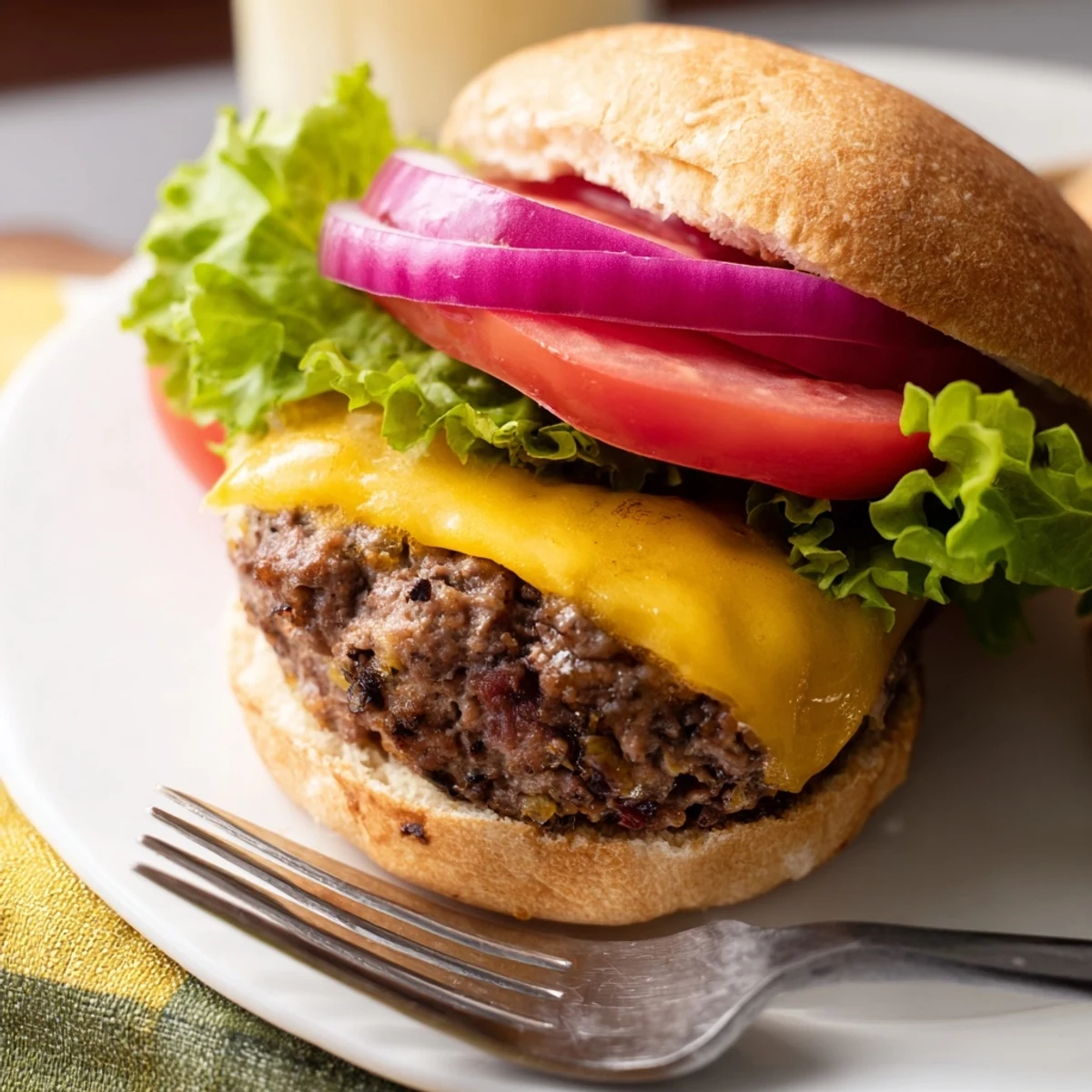 A fully assembled Beef Burger with Cheese held in a hand, ready to eat. The toasted sesame seed bun reveals layers of juicy beef, melted cheese, and fresh vegetables. A side of crispy fries and a cold soda sits in the background.