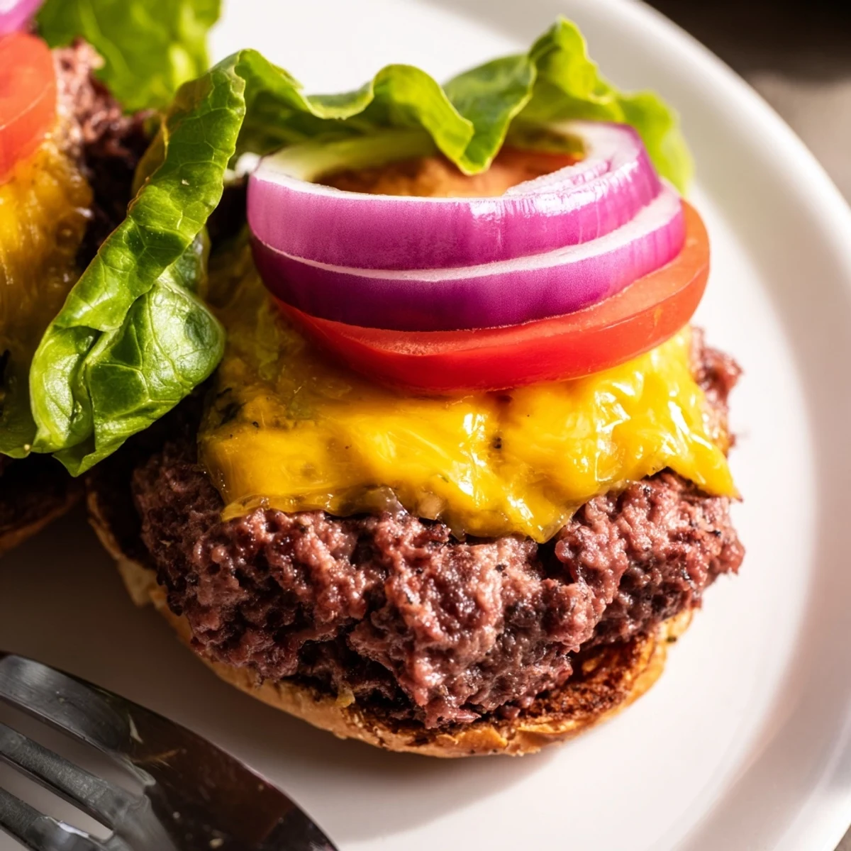 A close-up of a Beef Burger with Cheese showing melted cheddar dripping down the patty. Crisp lettuce and ripe tomato slices peek out of a golden toasted bun. The burger sits on a checkered picnic tablecloth, suggesting a summer barbecue meal.