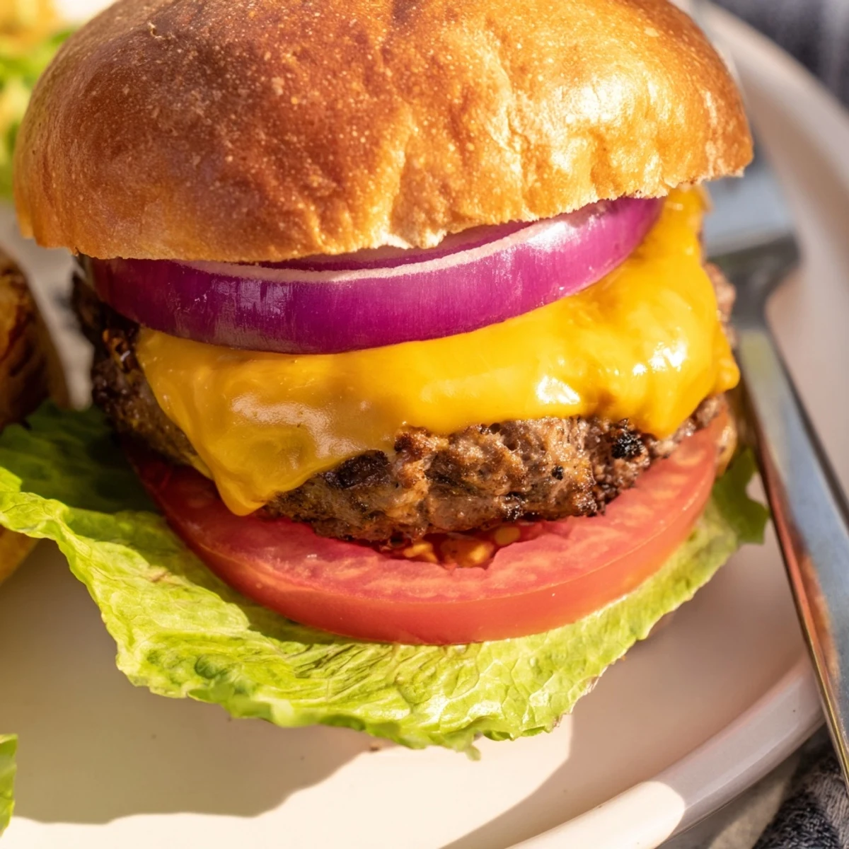 A juicy Beef Burger with Cheese plated on a rustic wooden board. The patty is topped with a slice of melted cheddar, red onion rings, and fresh lettuce. The toasted bun has visible grill marks, highlighting its buttery, crunchy texture.