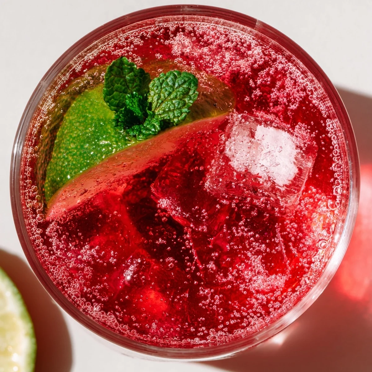 Refreshing glass of Cranberry Juice with Sparkling Water, ice cubes clinking and fresh mint garnish.