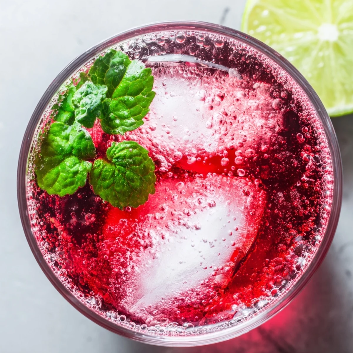 Bright homemade Cranberry Juice with Sparkling Water in a tall glass, garnished with mint.