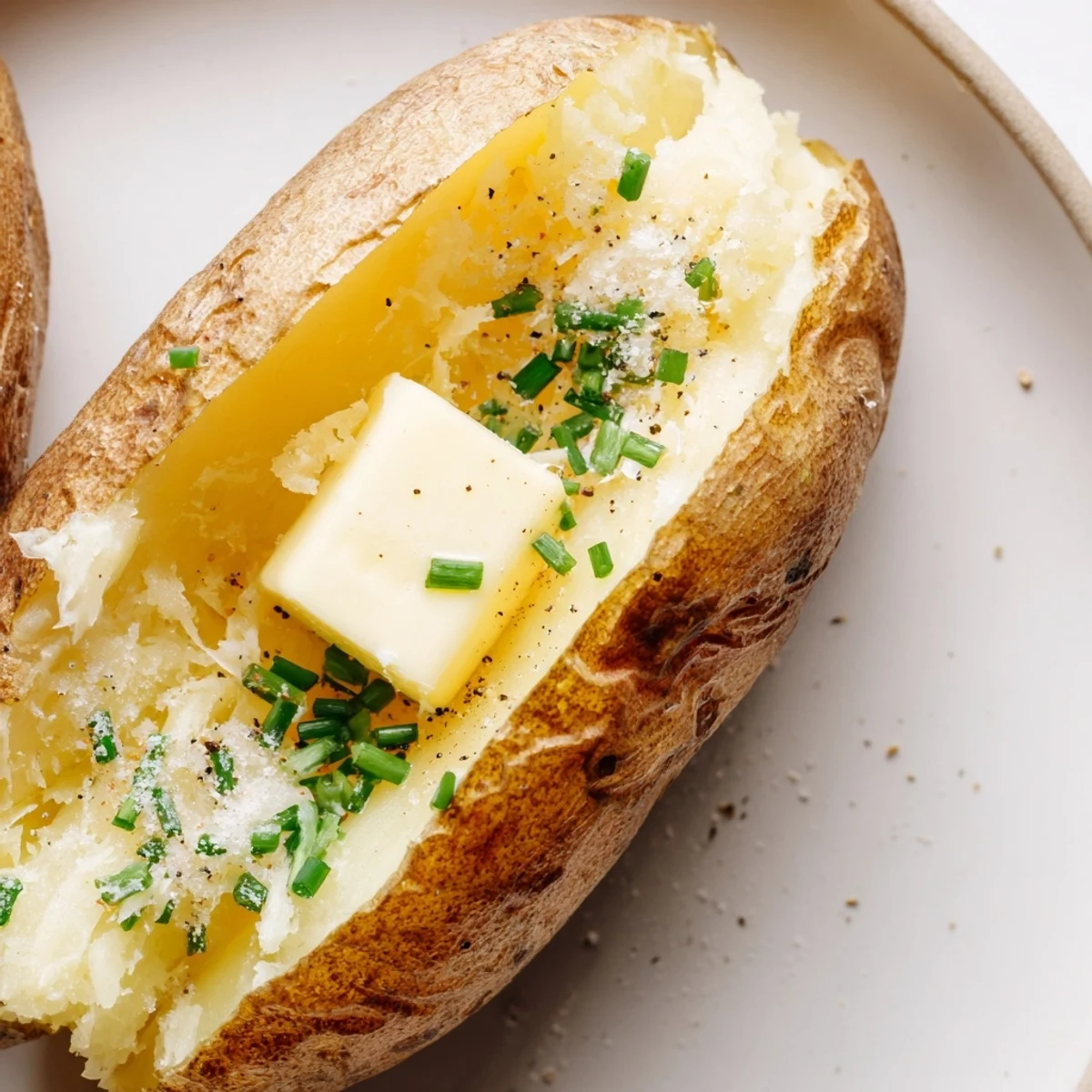 Golden Baked Potato with Butter and Chives, split open to reveal fluffy interior, topped with melting butter and fresh green herbs.