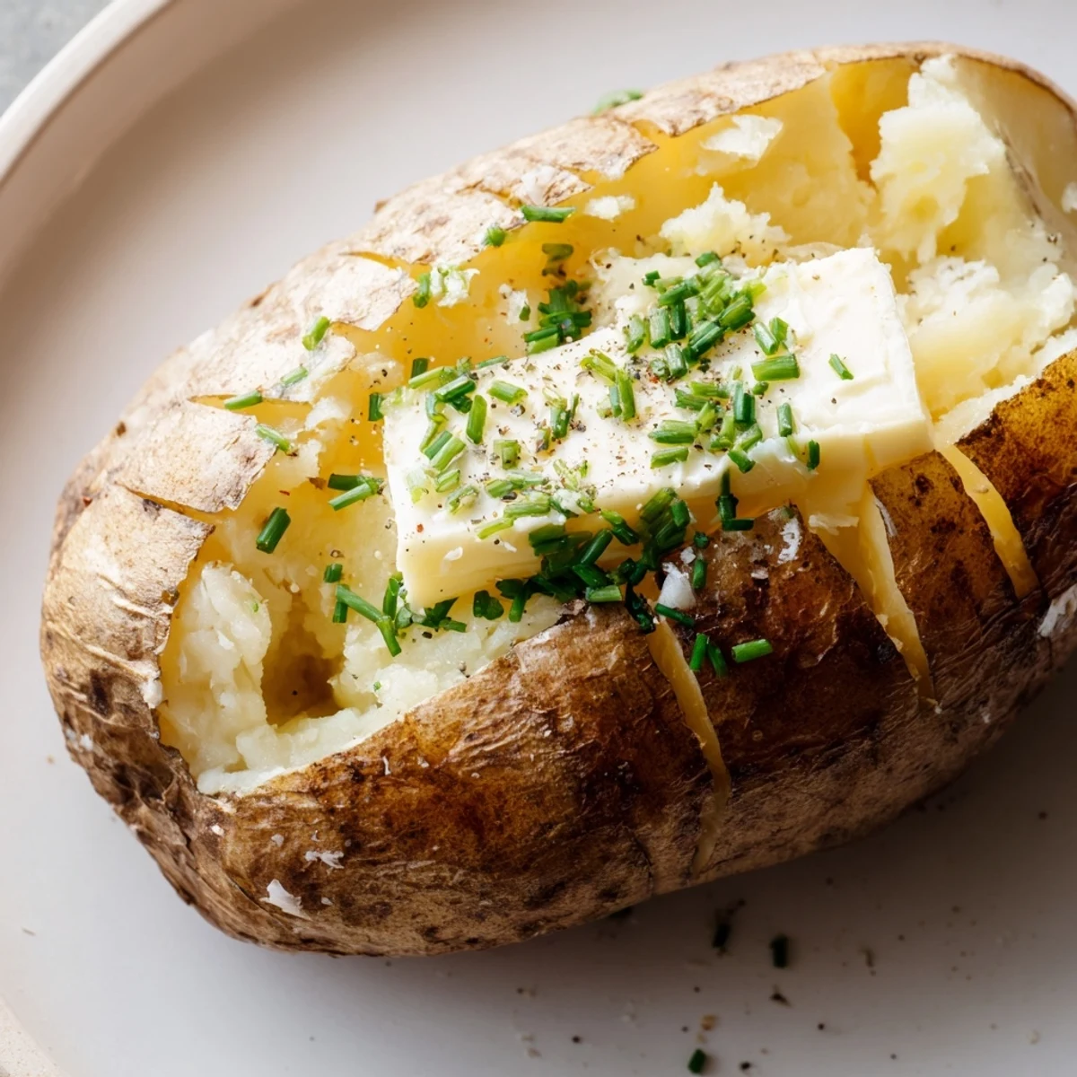 Four russet Baked Potatoes with Butter and Chives, crisp skins, served warm on a rustic table for a comforting American side dish.