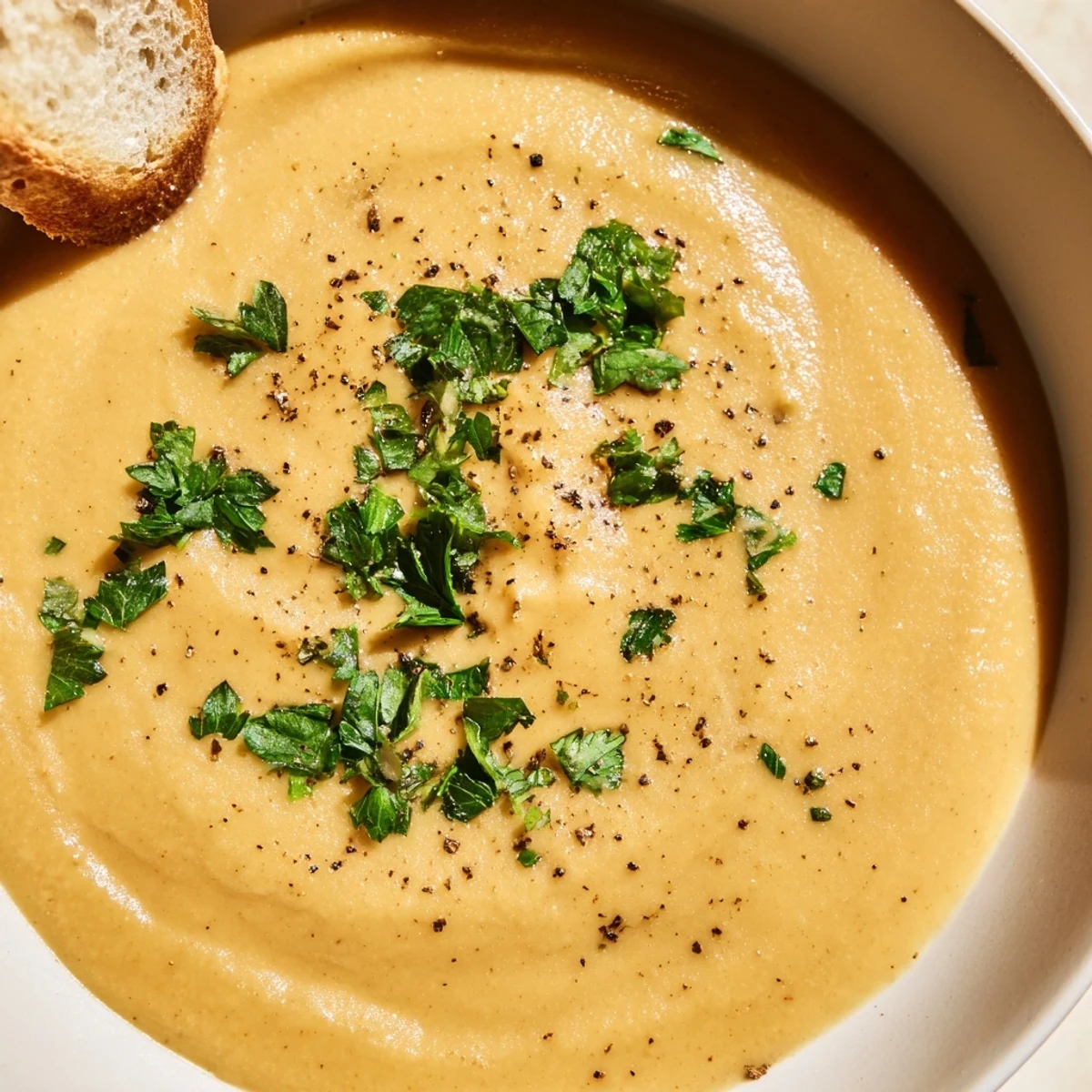 Creamy Vegetable Soup with Rustic Bread steams in a white bowl, garnished with fresh parsley for a comforting meal.