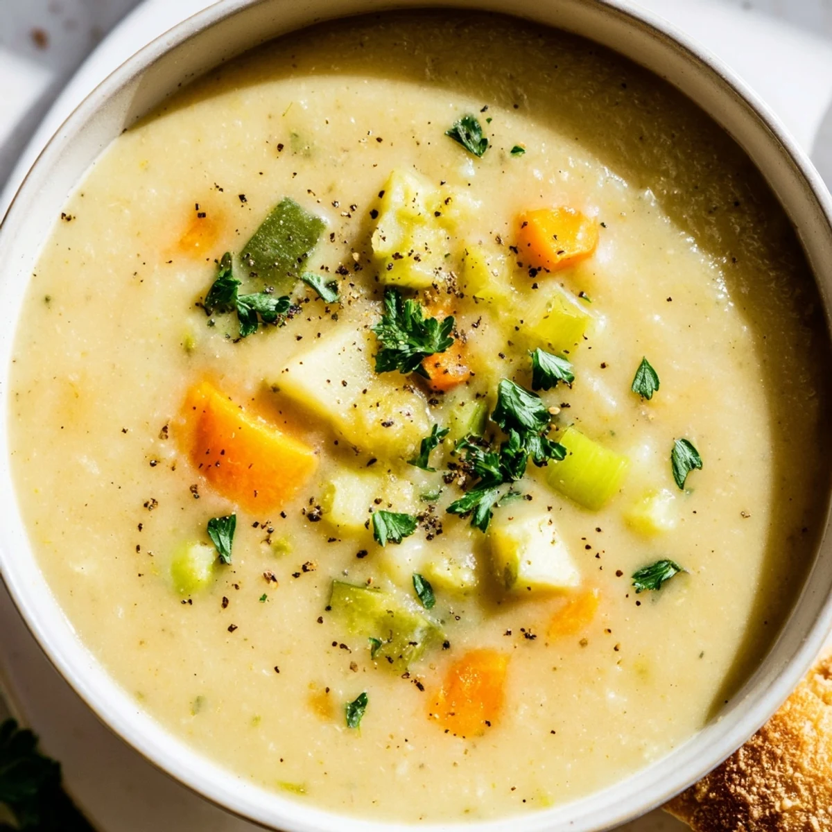 Golden slices of rustic bread accompany a bowl of Creamy Vegetable Soup with Rustic Bread, perfect for dipping.