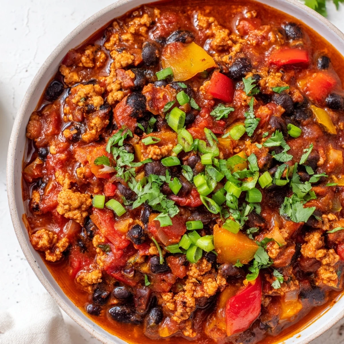 A steaming bowl of hearty Turkey Chili with Black Beans topped with creamy avocado, cilantro, and a fresh lime wedge.