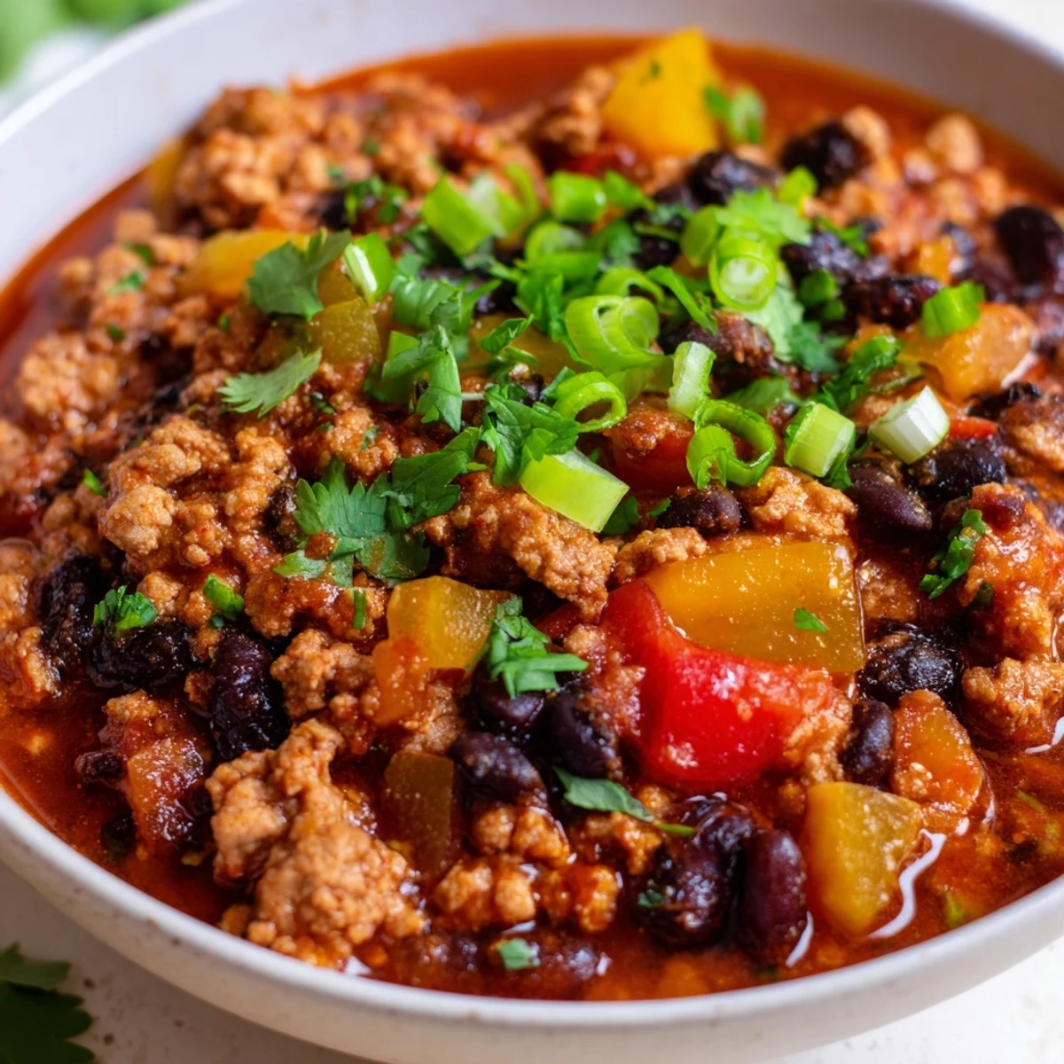 Close-up view of Turkey Chili with Black Beans served in a rustic bowl, garnished with green onions and bright diced avocado.