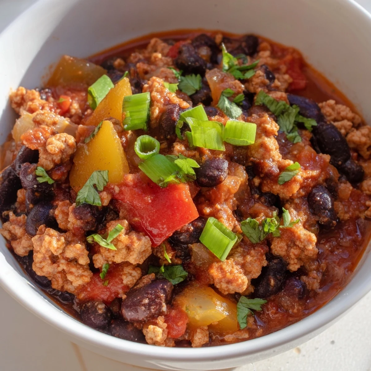 Turkey Chili with Black Beans simmering in a pot, revealing rich red broth, tender turkey, and black beans for a cozy weeknight dinner.