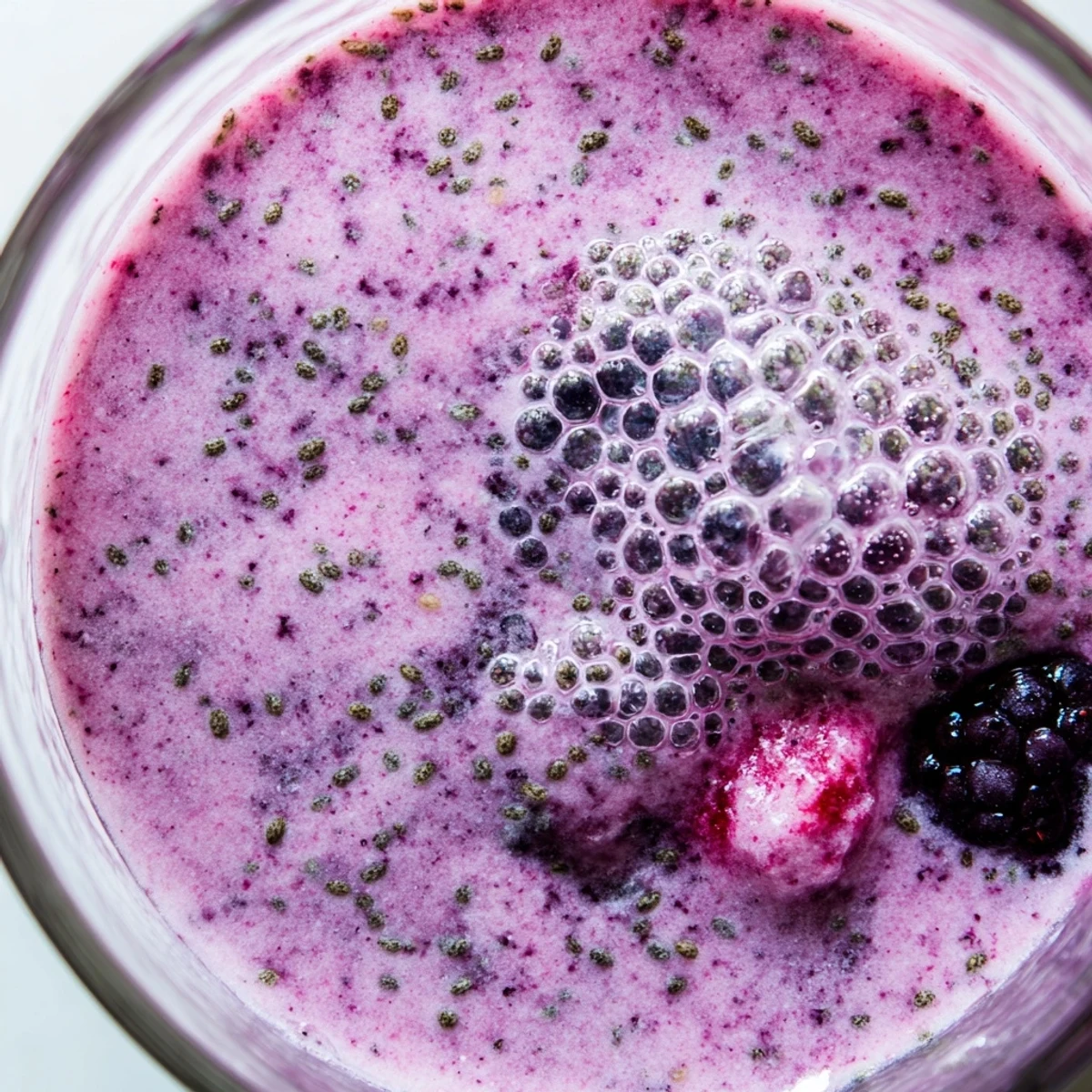 A tall glass of Winter Berry Smoothie with Spinach, showcasing a vibrant purple hue and a sprinkle of chia seeds, served with a fresh berry garnish.