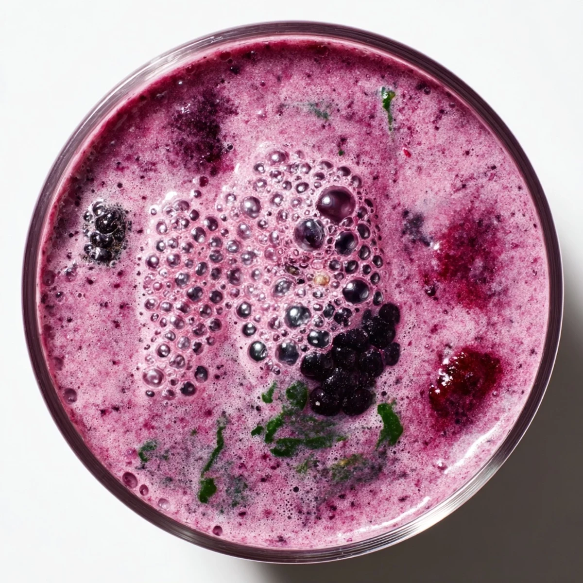 Close-up of creamy Winter Berry Smoothie with Spinach being poured into a glass, highlighting its thick, frosty texture and bright berry color.