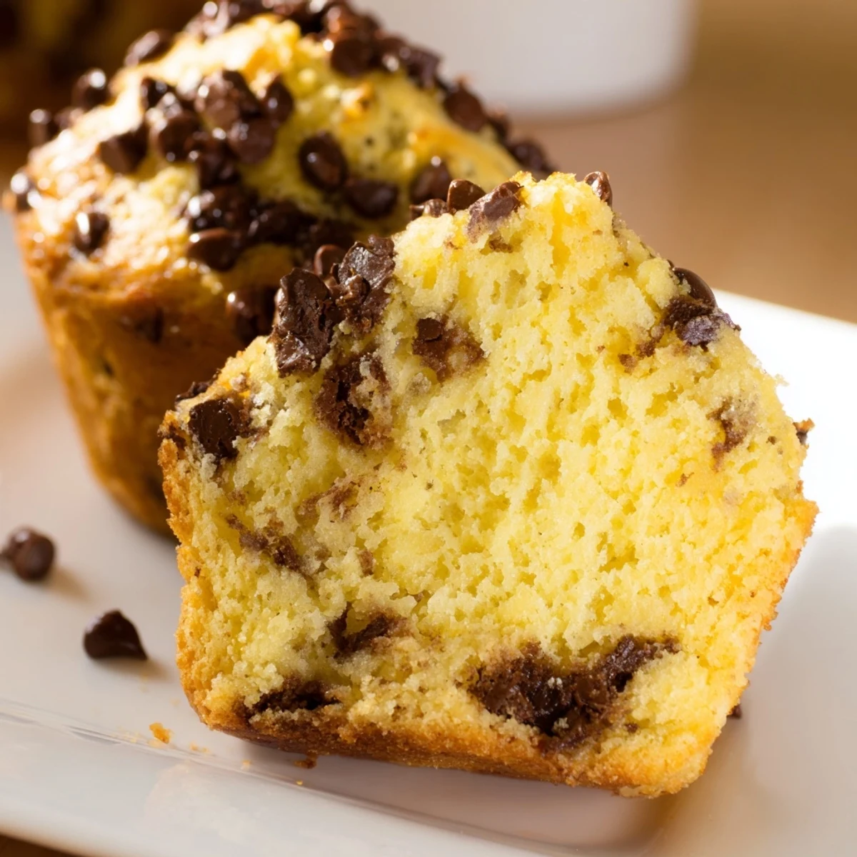 Golden-brown Chocolate Chip Muffins with melty chocolate chips on a marble countertop, ready to enjoy.