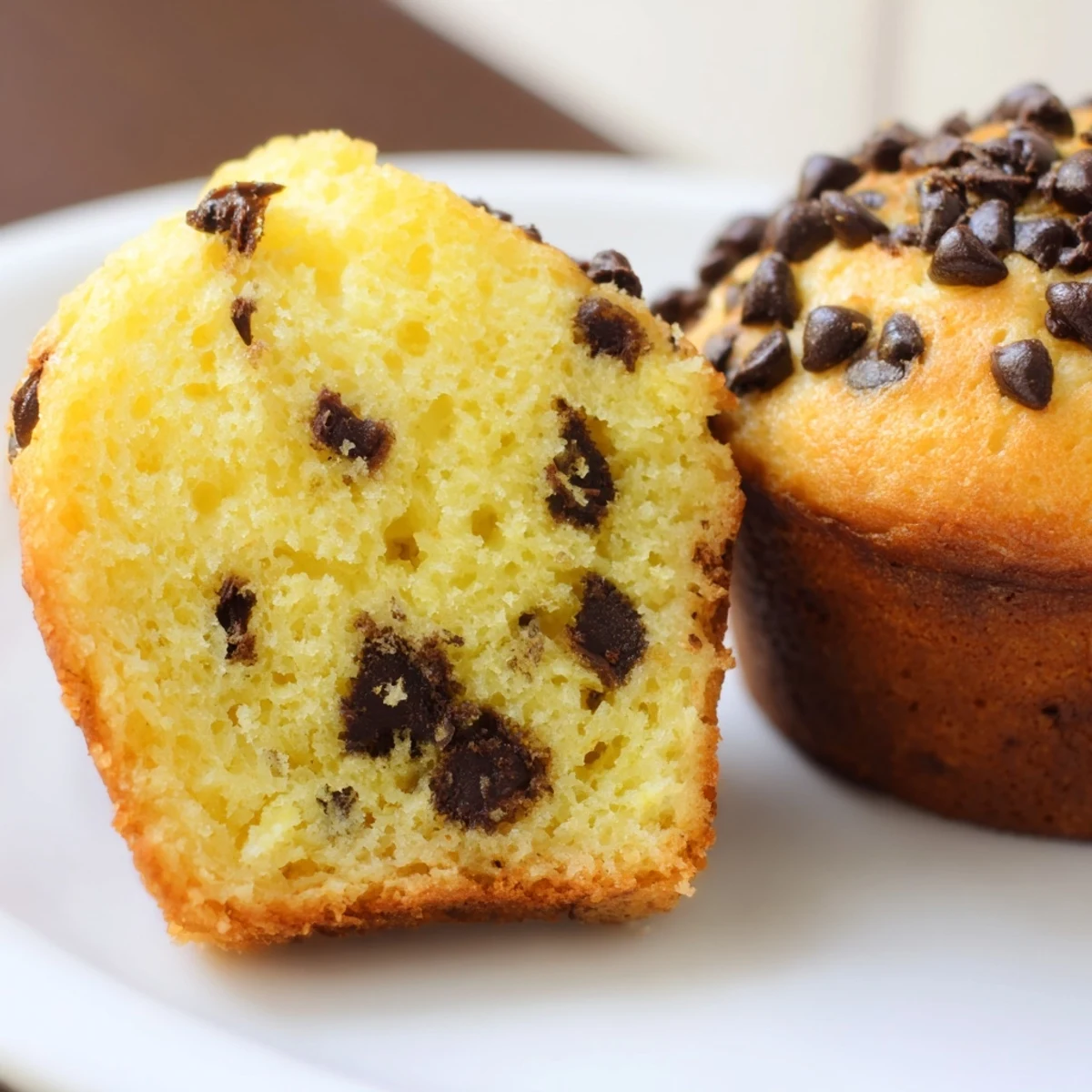 A close-up of fluffy Chocolate Chip Muffins showing a moist crumb and rich chocolate chunks.