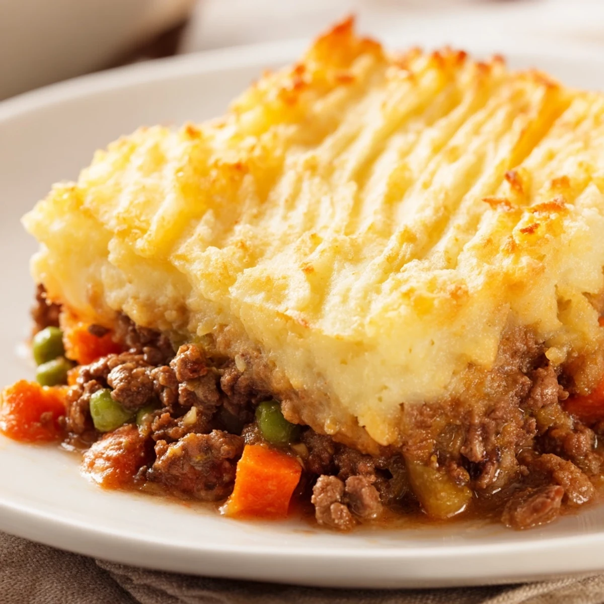 Golden, fork-marked Beef Shepherds Pie with Peas bubbling from the oven, served in a rustic baking dish.