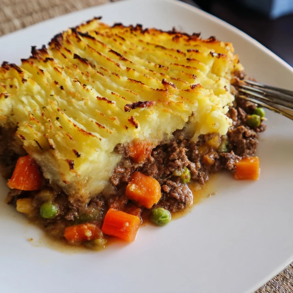 Freshly baked Beef Shepherds Pie with Peas features a golden potato crust and sweet green peas peeking through.