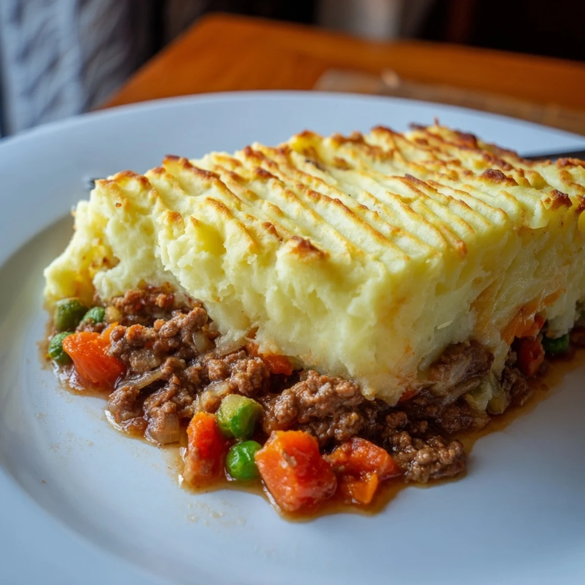 A hearty scoop of Beef Shepherds Pie with Peas reveals savory beef, tender veggies, and creamy mashed potatoes.