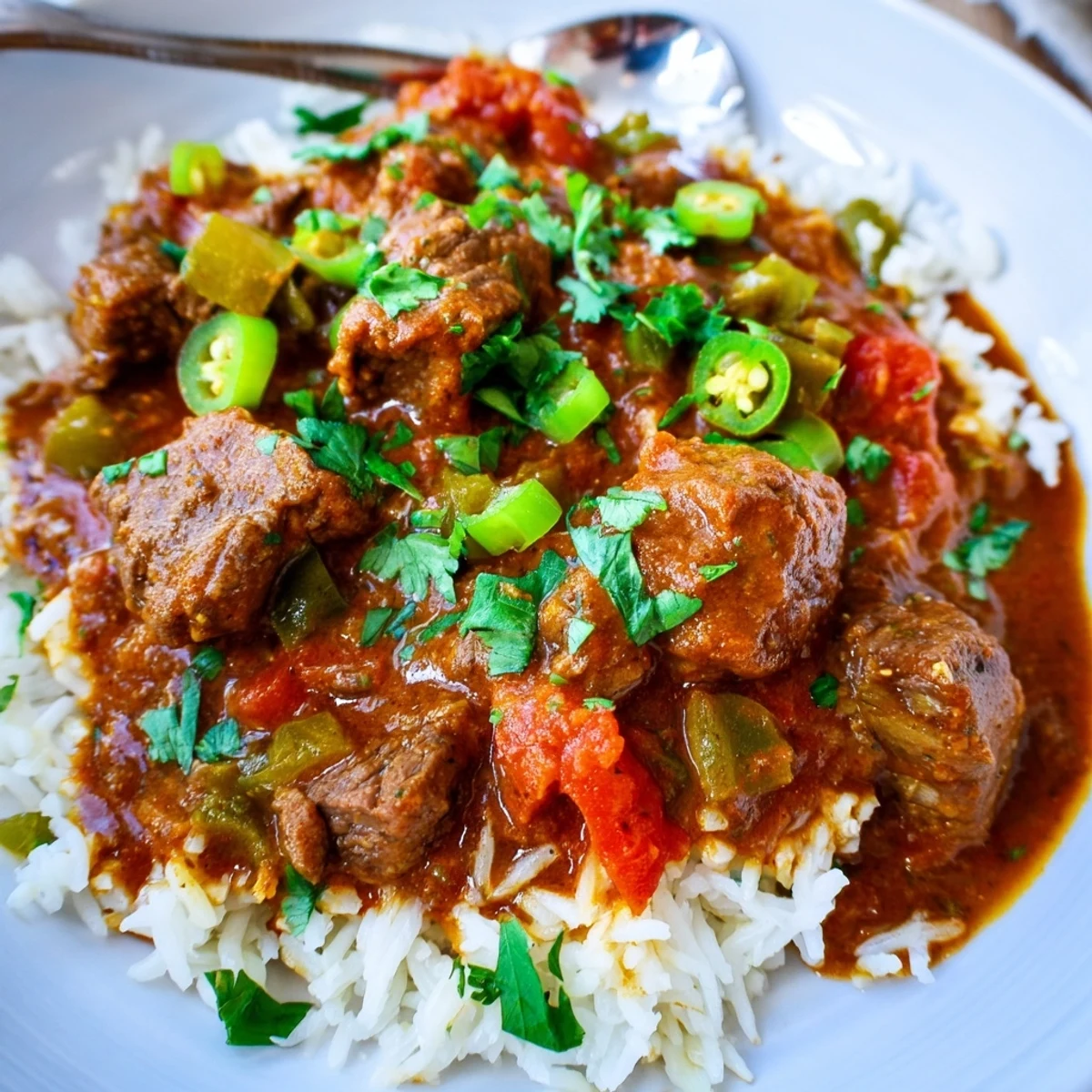 Warm Spicy Beef Curry with Basmati Rice is served hot, garnished with fresh herbs in a ceramic dish.