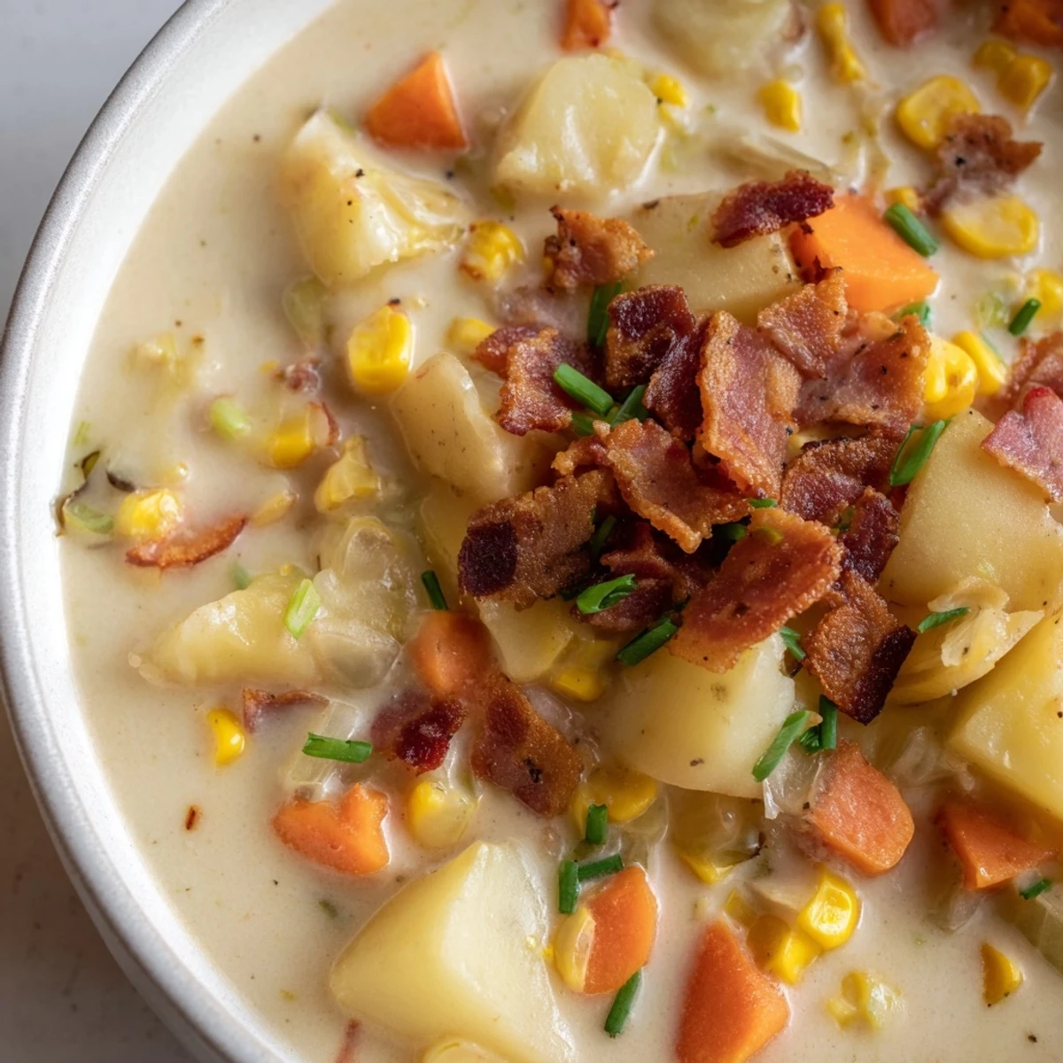 Creamy Corn Chowder with Turkey Bacon ladle into rustic bowls, garnished with fresh chives and crisp bacon bits.