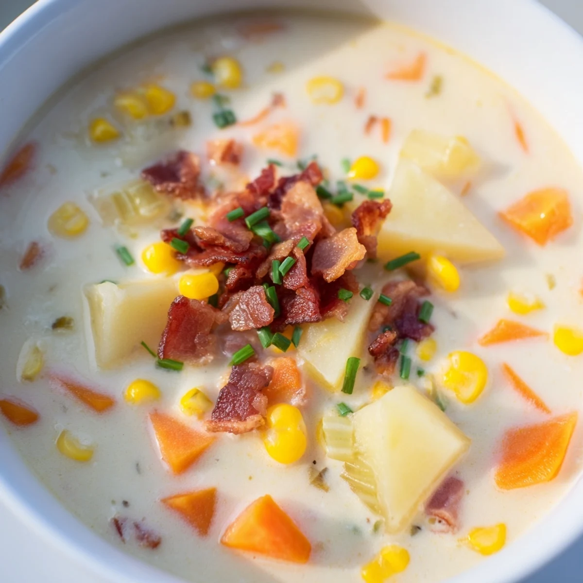Steaming pot of Creamy Corn Chowder with Turkey Bacon reveals tender potatoes and sweet corn kernels.