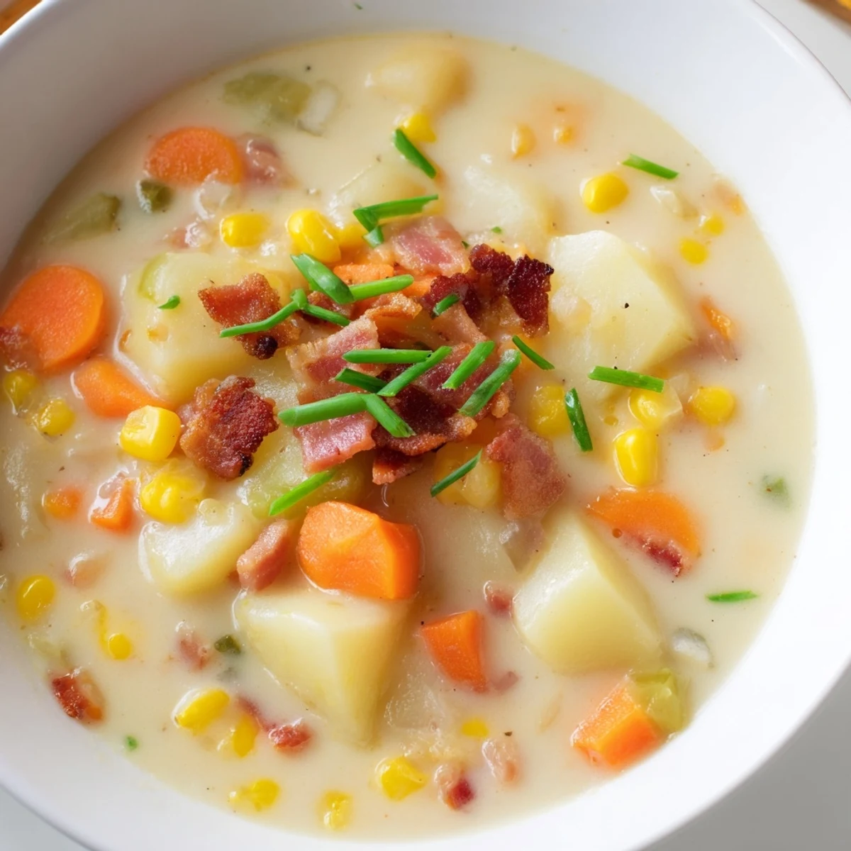 Serving Creamy Corn Chowder with Turkey Bacon alongside crusty bread for a cozy chilly evening meal.