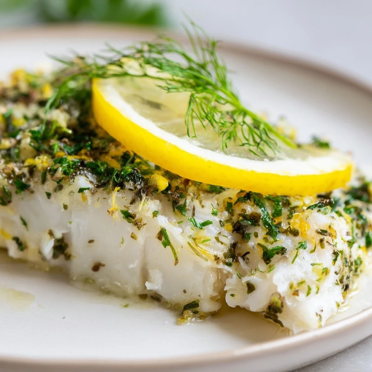 Golden-brown Baked Cod with Herbs and Lemon fillets, topped with fresh green herbs and lemon slices on a baking dish, ready to serve.