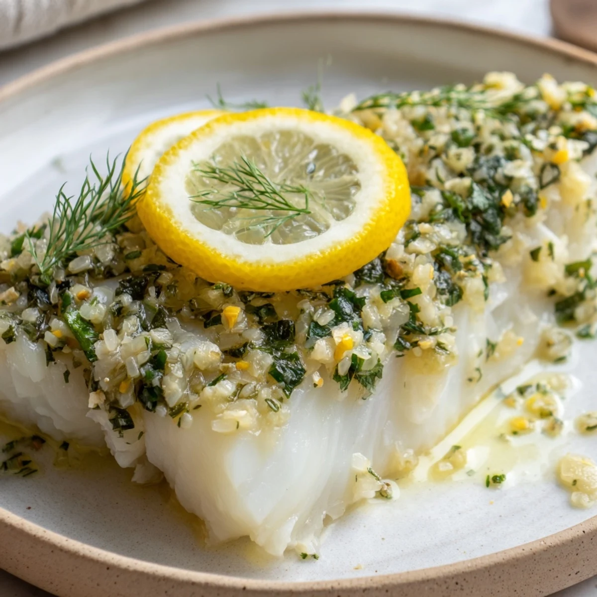 Flaky, tender Baked Cod with Herbs and Lemon garnished with vibrant herbs and a lemon wedge, paired with a glass of white wine.