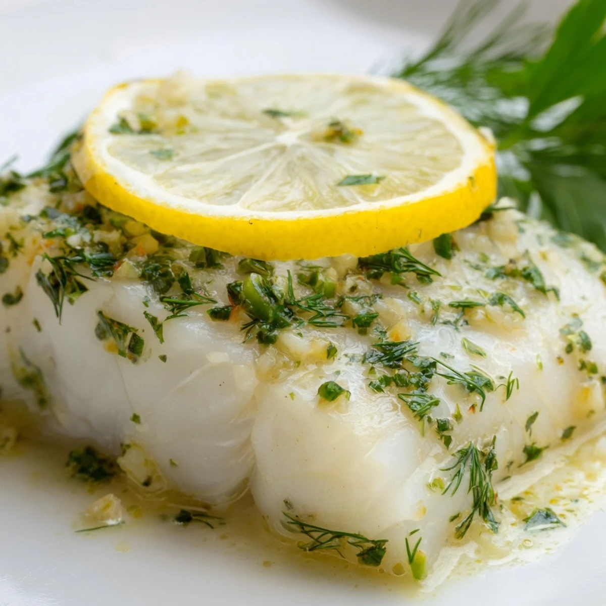 Freshly baked Baked Cod with Herbs and Lemon fillets featuring a garlic-herb crust, served alongside steamed vegetables on a rustic plate.