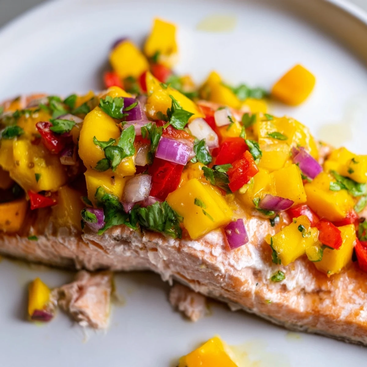 Juicy, golden-baked salmon alongside a zesty mango salsa with red onion and jalapeño, ready to serve on white plates.