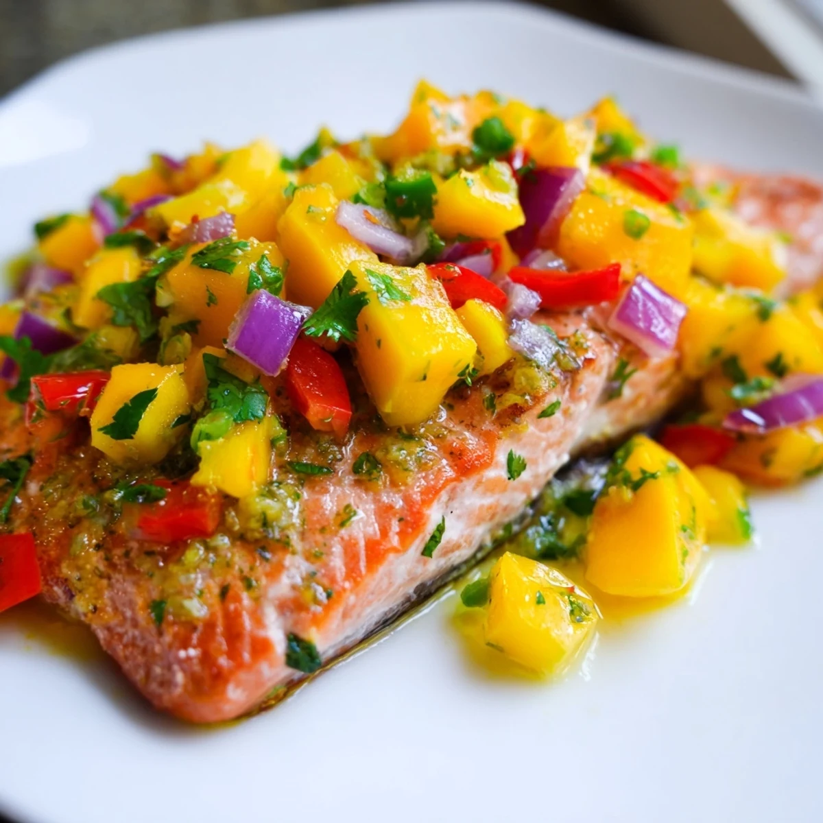 A close-up of flaky salmon with diced mango, red bell pepper, and lime wedges, perfect for a gluten-free dinner.