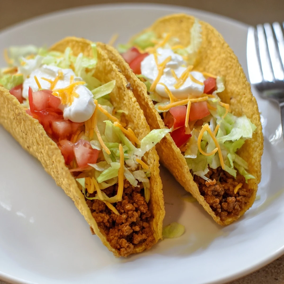 Golden crispy taco shells overflowing with juicy seasoned ground beef, shredded lettuce, diced tomatoes, and a dollop of cool sour cream.
