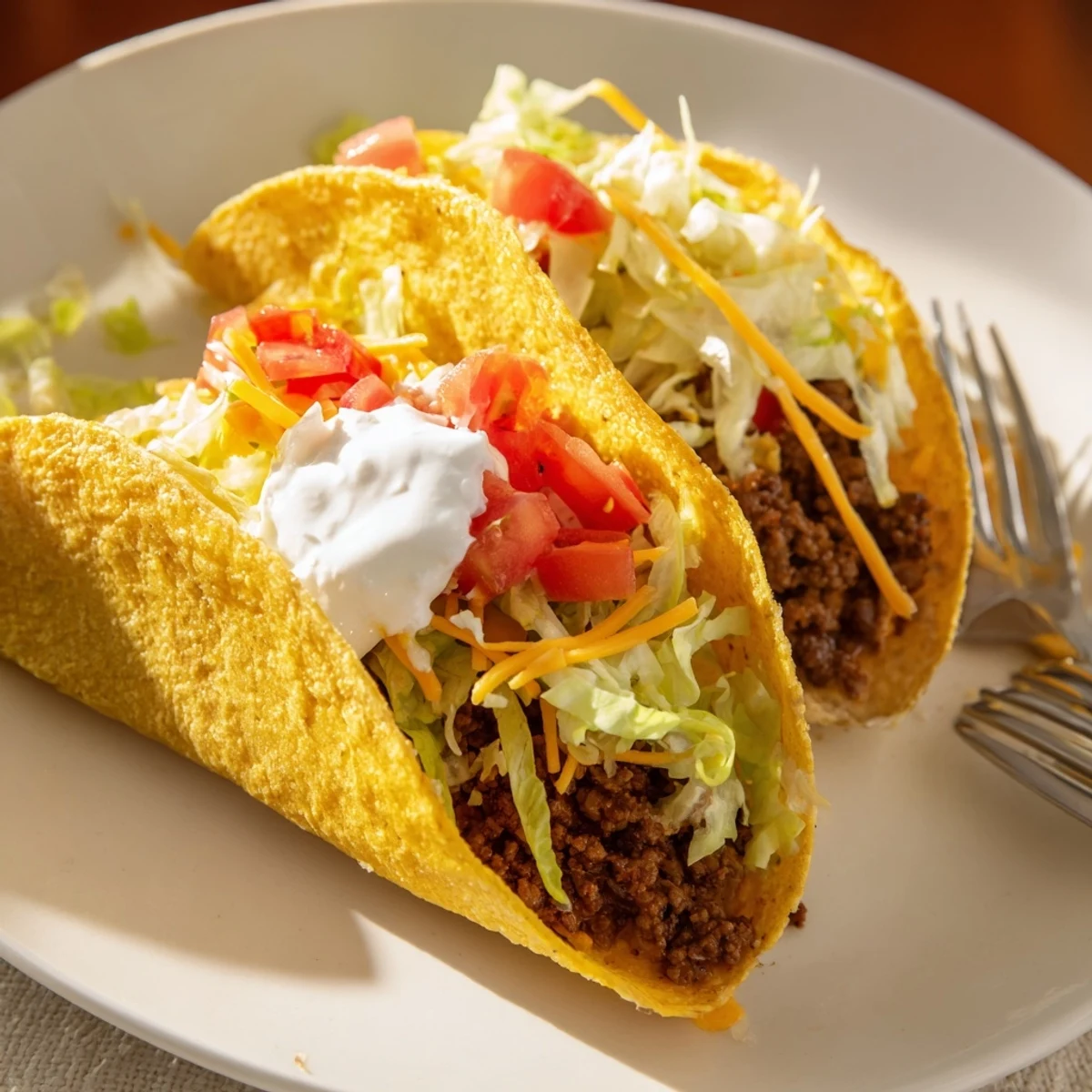 A top-down view of delicious Beef Tacos with Sour Cream, ready to eat with lime wedges on a casual weeknight dinner table.