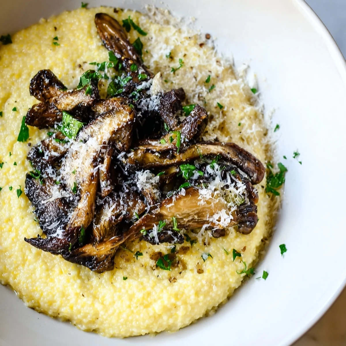 A close-up of velvety creamy polenta with roasted mushrooms, fresh herbs, and Parmesan, ready to enjoy.