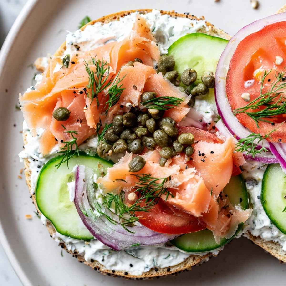 Homemade Baked Salmon Brunch Bagel, served on a plate with tomato, cucumber, and a lemon wedge for squeezing.