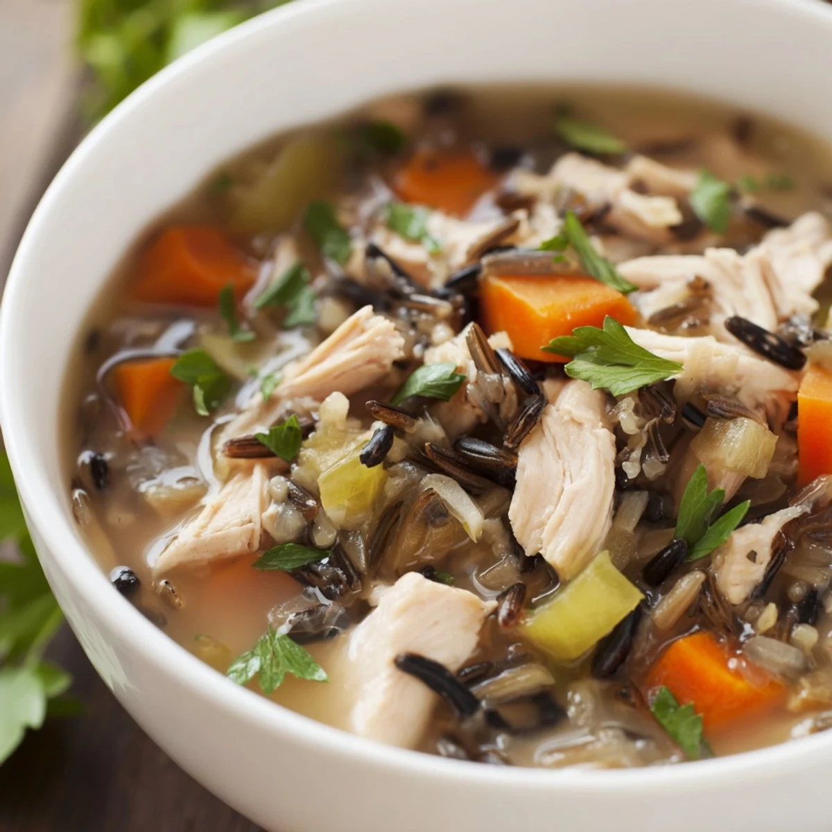 Steaming bowl of hearty Turkey and Wild Rice Soup garnished with fresh parsley and served alongside crusty bread.