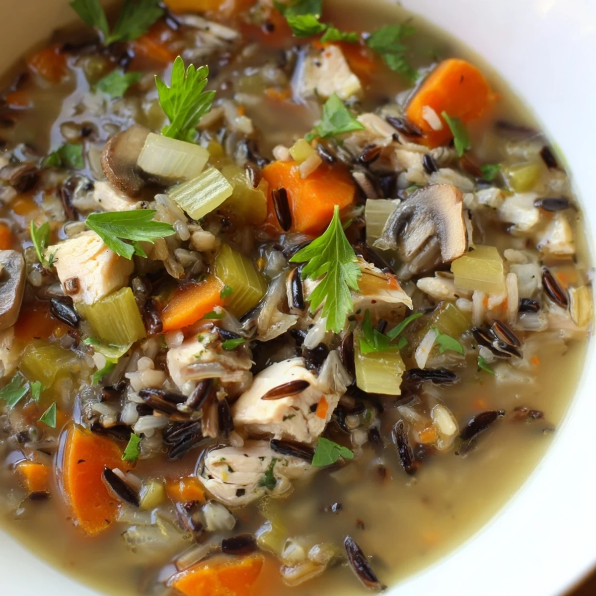 Comforting Turkey and Wild Rice Soup simmering in a Dutch oven, steam rising, ready for a chilly evening.