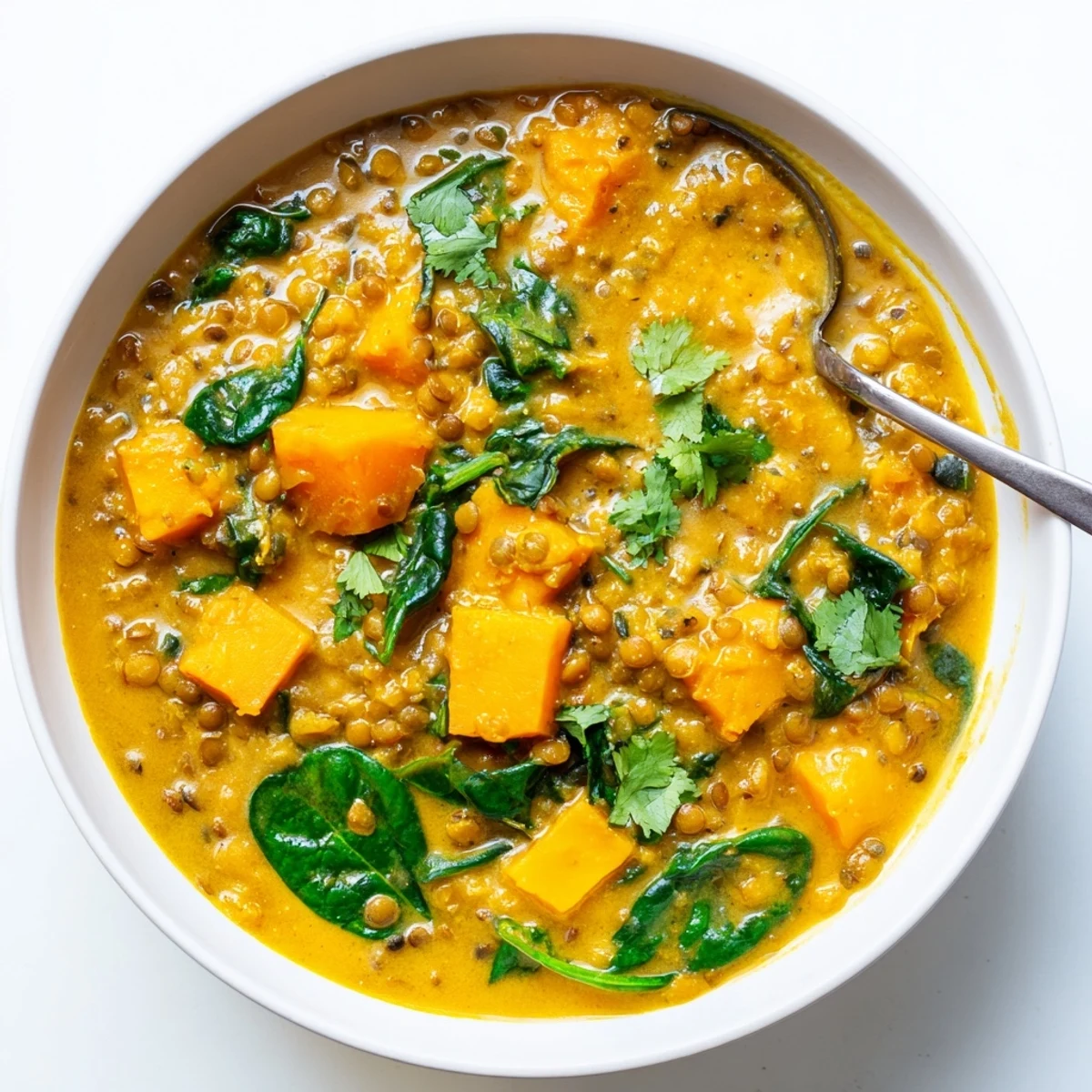 Creamy Butternut Squash and Lentil Curry ladled over fluffy rice, with naan and lime wedges on the side.