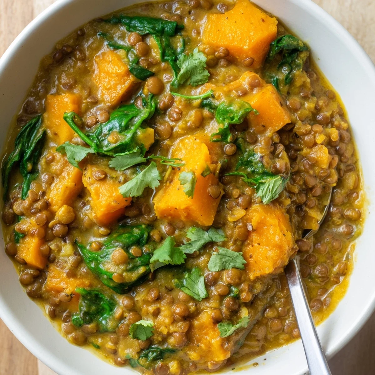 Vibrant orange Butternut Squash and Lentil Curry with wilted spinach and a sprinkle of fresh cilantro.