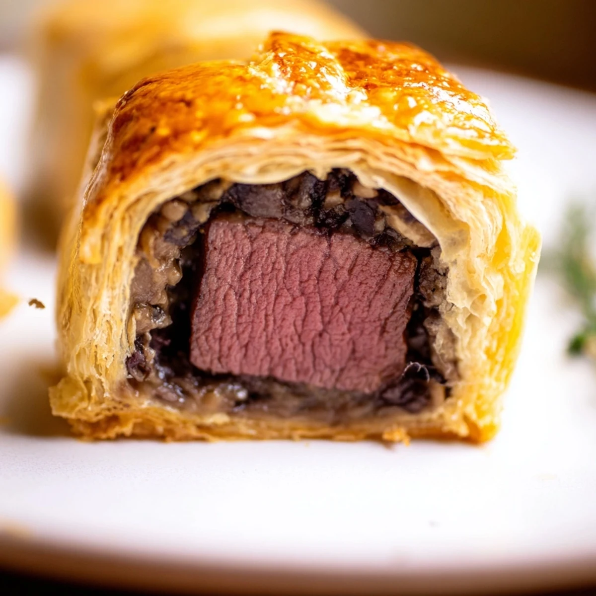 Golden puff pastry Beef Wellington Bites served with Dijon mustard for a party appetizer.