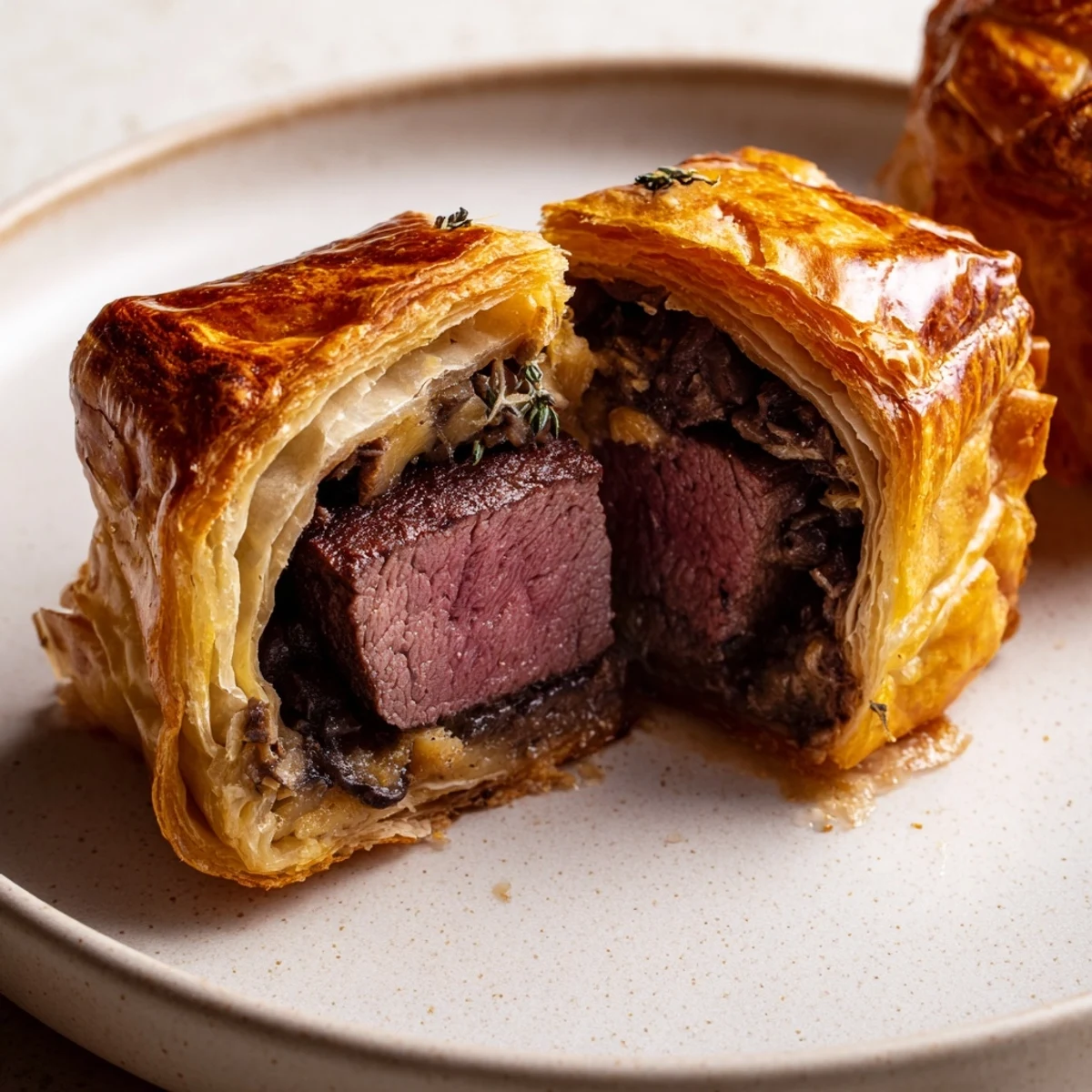 Bite-sized beef tenderloin appetizer with savory duxelles, prosciutto, and egg wash glaze.