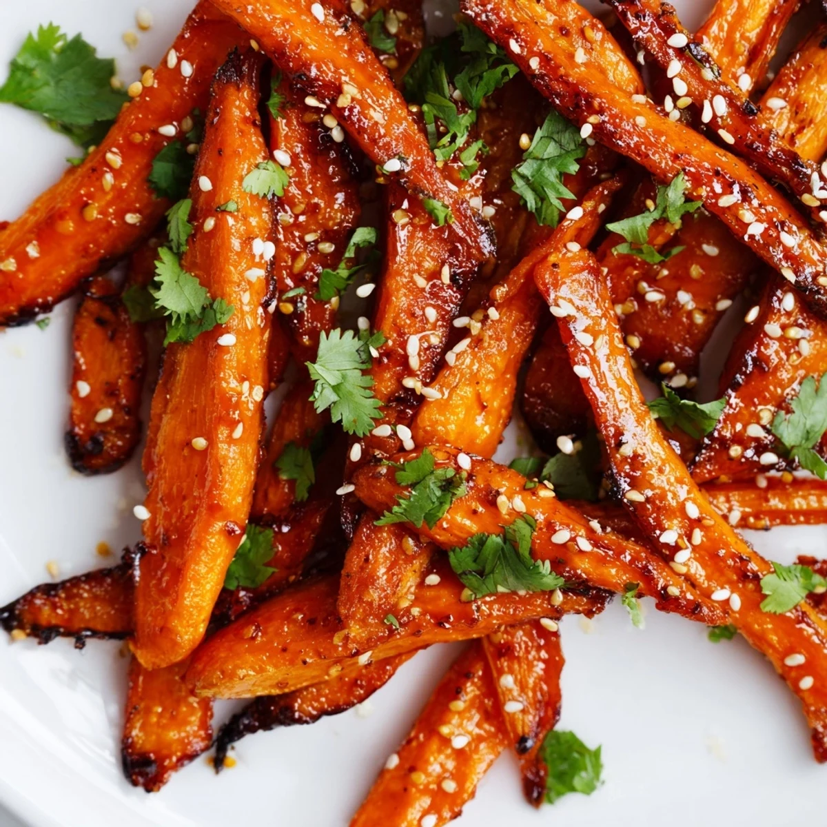 Whole roasted carrots with harissa glaze garnished with fresh cilantro, sesame seeds, and lemon wedges.
