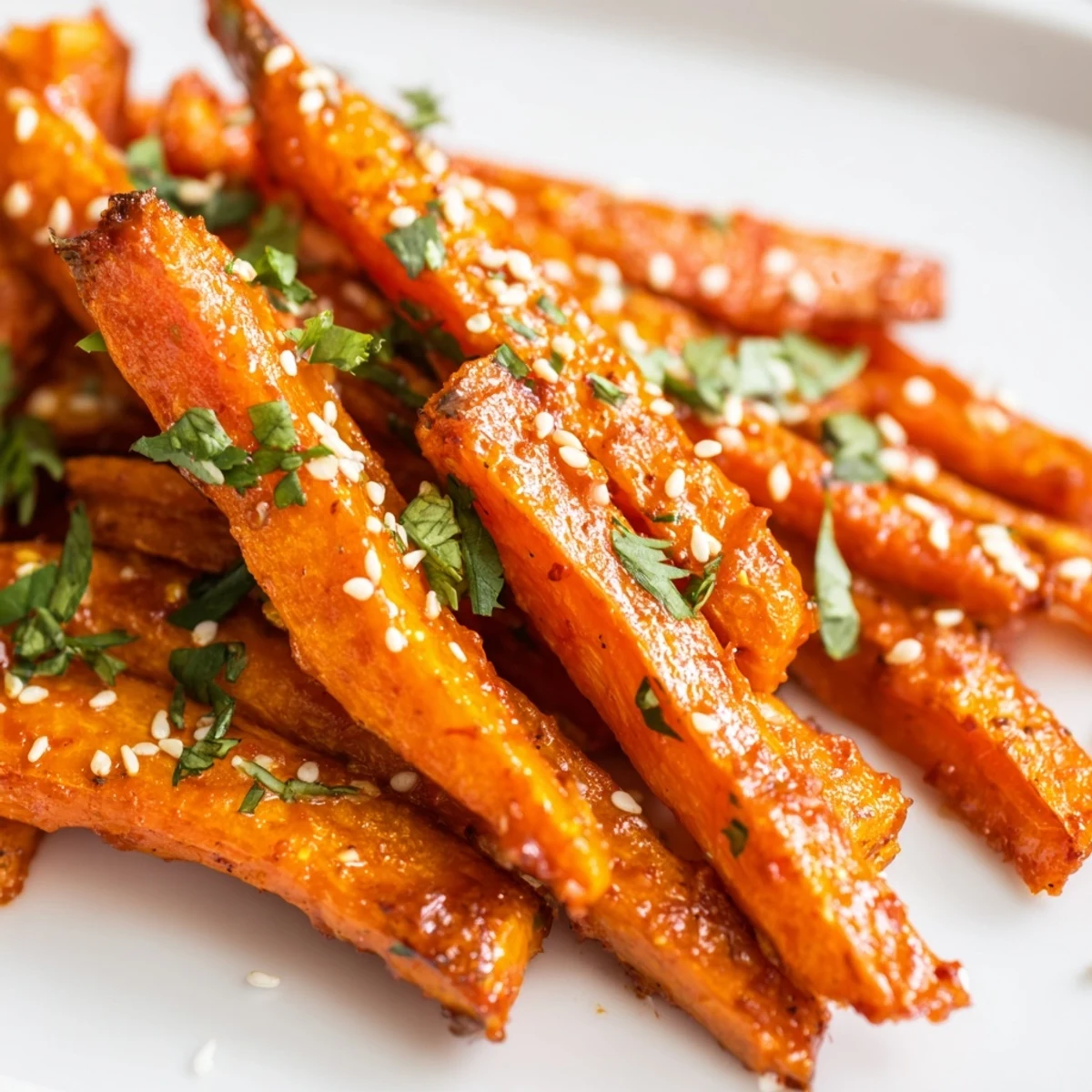 Spicy Harissa Roasted Carrots glazed and caramelized on a baking sheet, ready for a weeknight side dish.