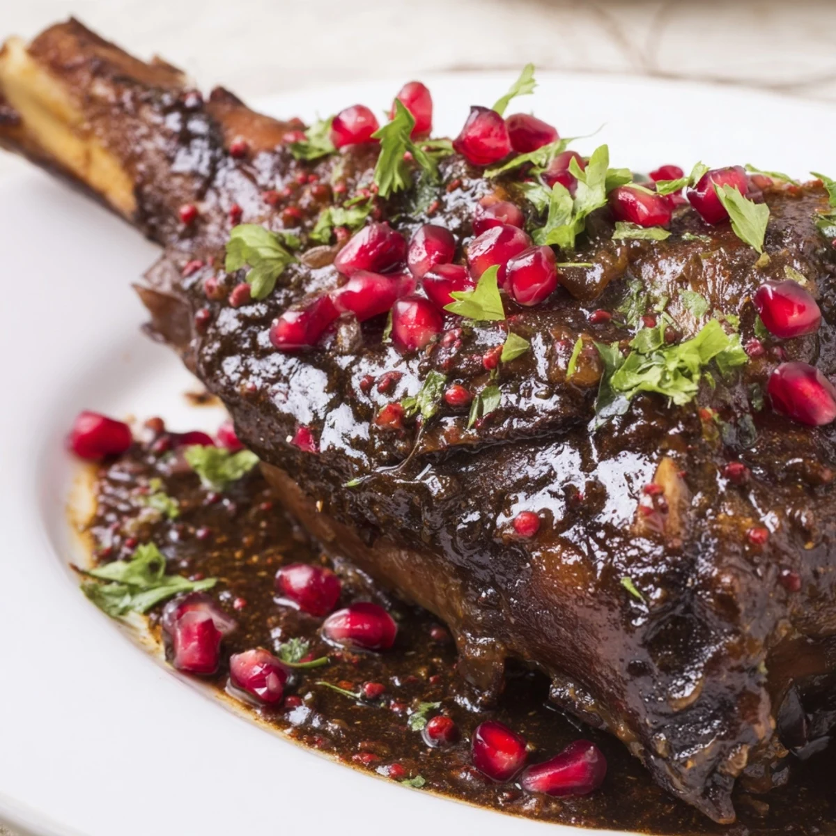 Golden-brown Lamb Shanks with Pomegranate Molasses braised until tender, garnished with ruby seeds and fresh parsley.