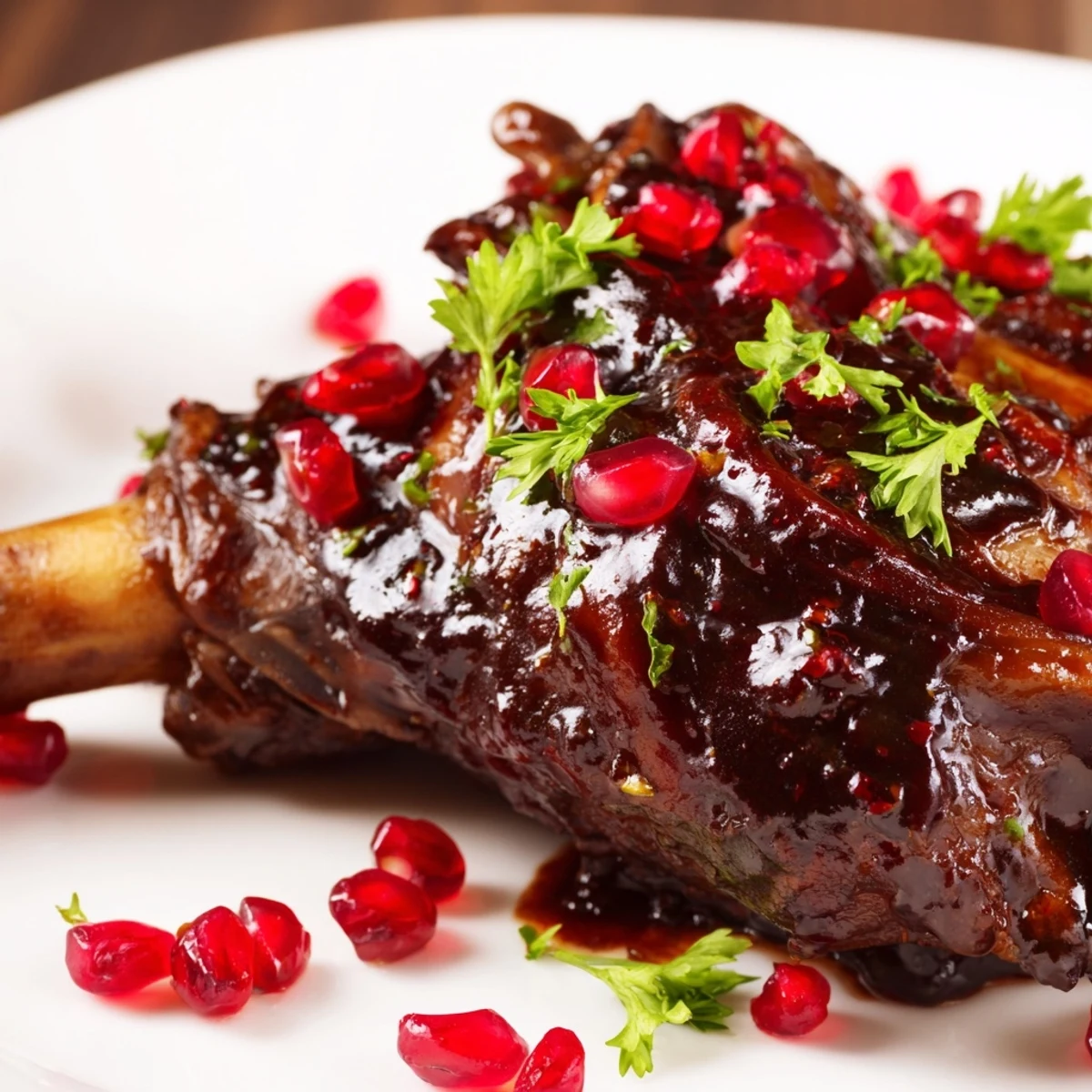 Served Lamb Shanks with Pomegranate Molasses over fluffy couscous, drizzled with glossy sauce and bright pomegranate seeds.