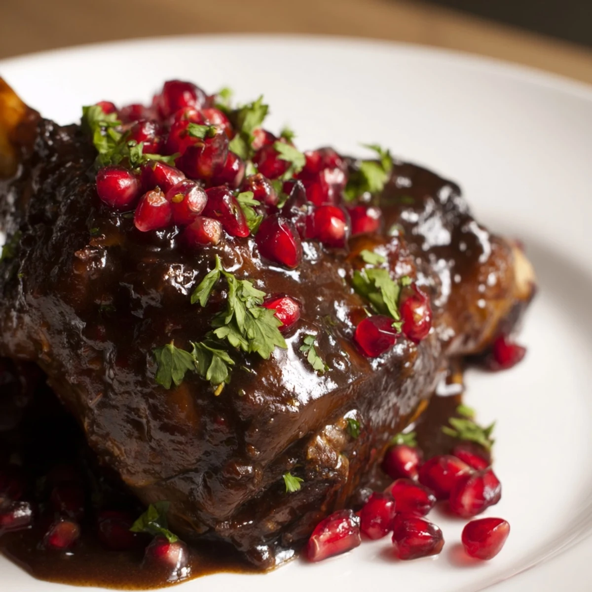 A Dutch oven of Lamb Shanks with Pomegranate Molasses simmering in rich, spiced sauce with carrots and onions.