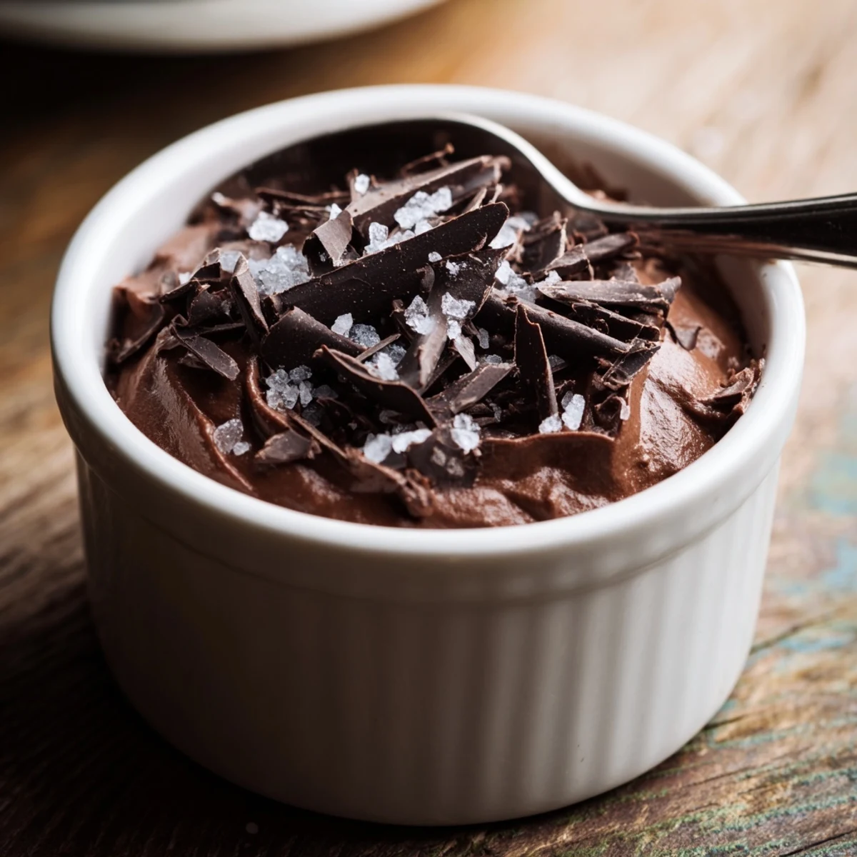 Four clear glass ramekins of Dark Chocolate Mousse with Sea Salt, garnished with chocolate curls.