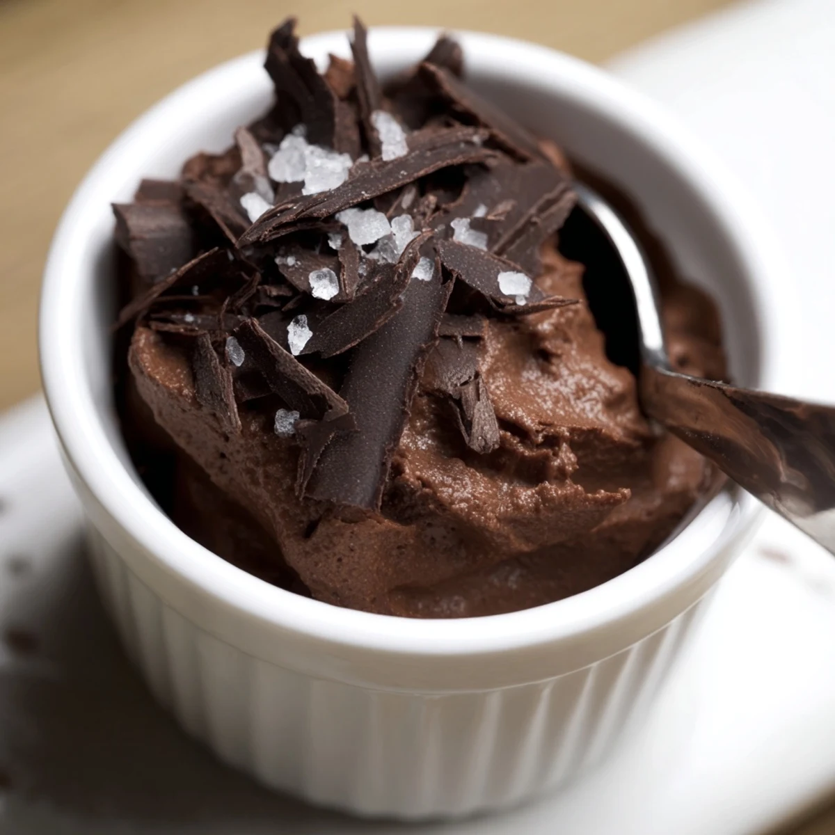 Elegant Dark Chocolate Mousse with Sea Salt topped with flaky crystals and shavings.