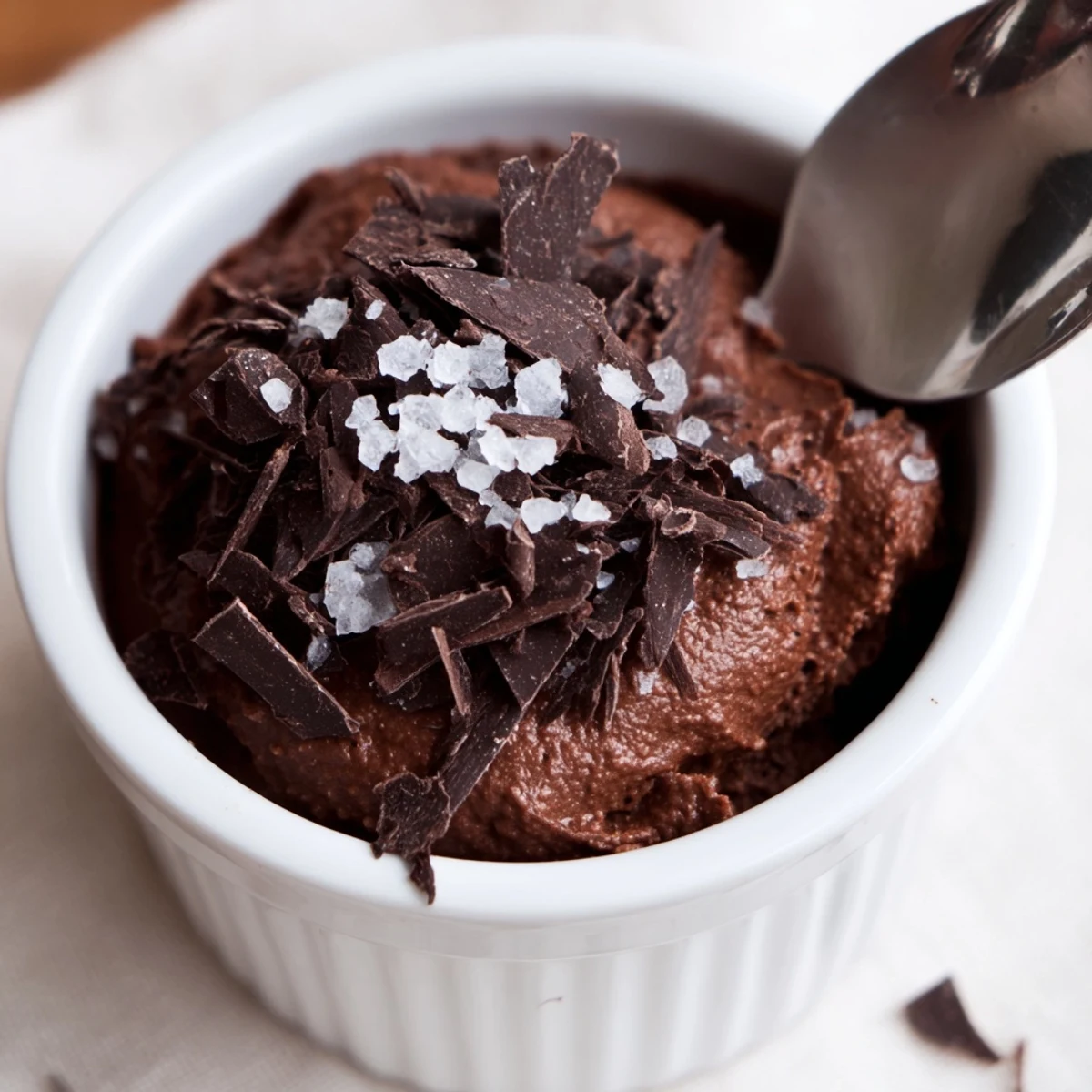 Silky dark chocolate mousse served in stemless glasses, finished with sea salt for contrast.
