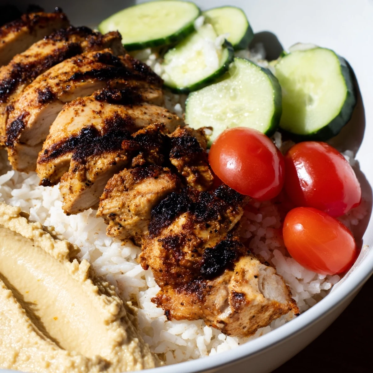 Freshly grilled spiced chicken strips layered over fluffy basmati rice with creamy hummus and vibrant veggies in a bowl.