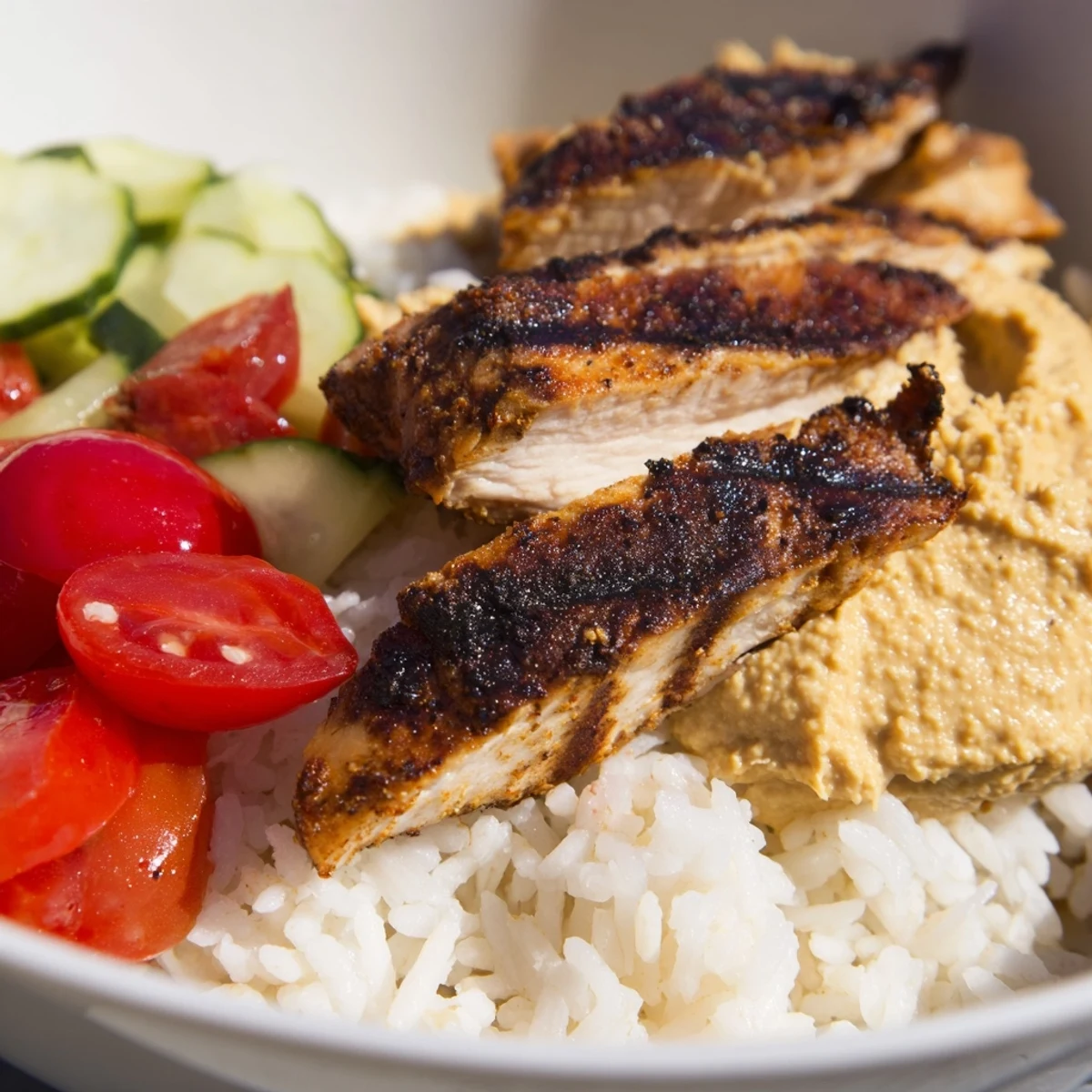 Colorful Chicken Shawarma Bowls feature marinated chicken, crisp cucumber, cherry tomatoes, and parsley served with lemon wedges.